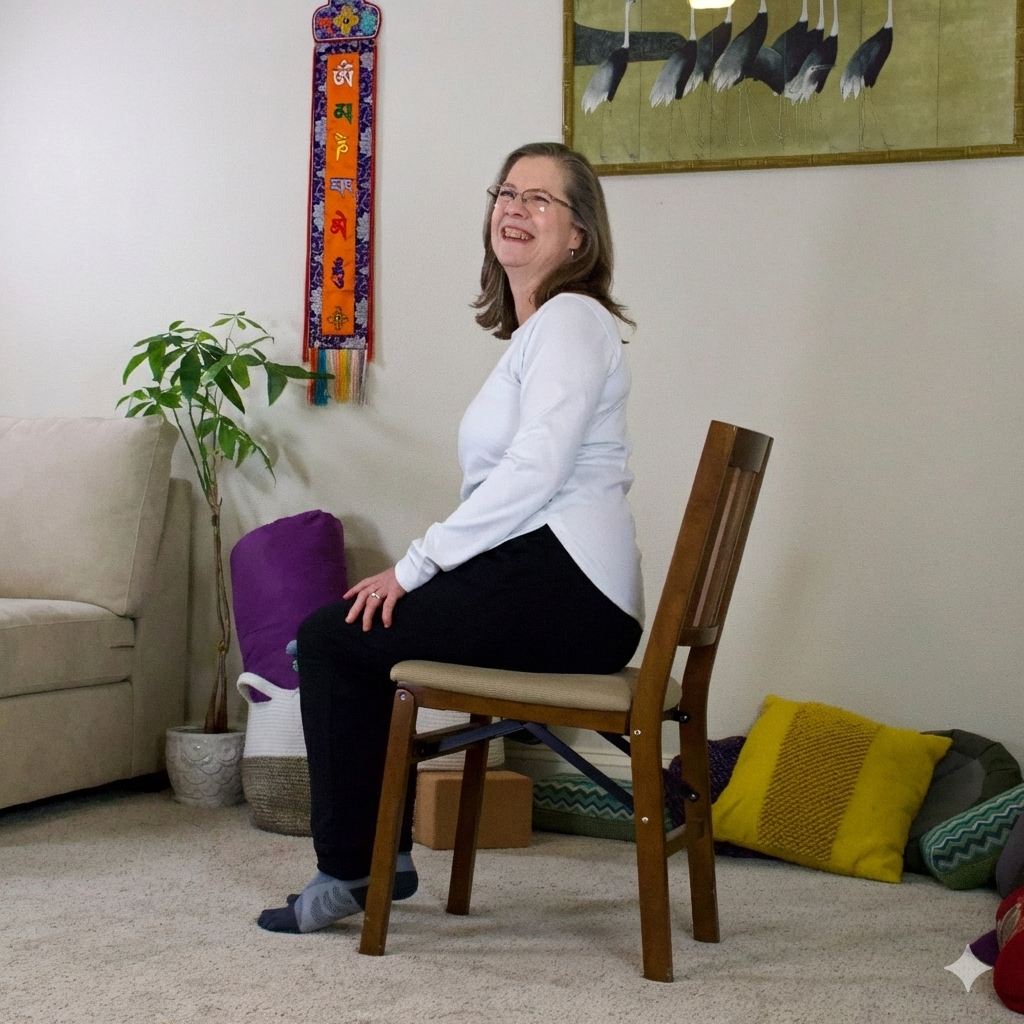 A Woman in a seated position ready to do Chair Yoga
