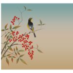 Graphic of an Asian bird sitting on a branch with red berries
