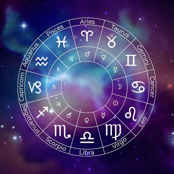 graphic of an astrology wheel with a stary night background