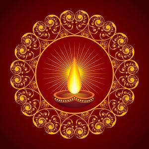 Golden Kriya jyotir flame graphic in a mandala border