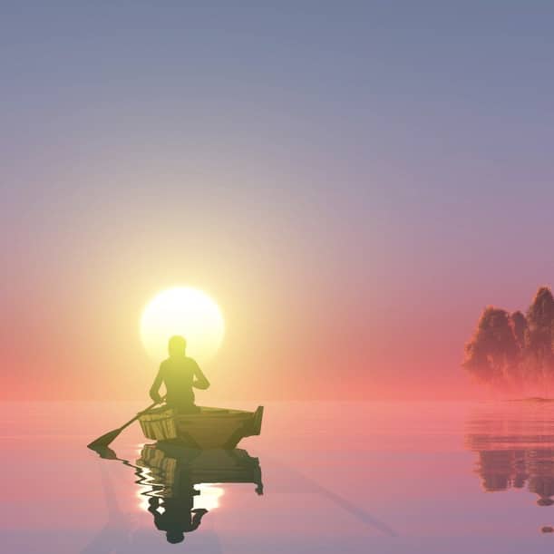 Graphic of a lone man rowing a boat in a lake at sunset